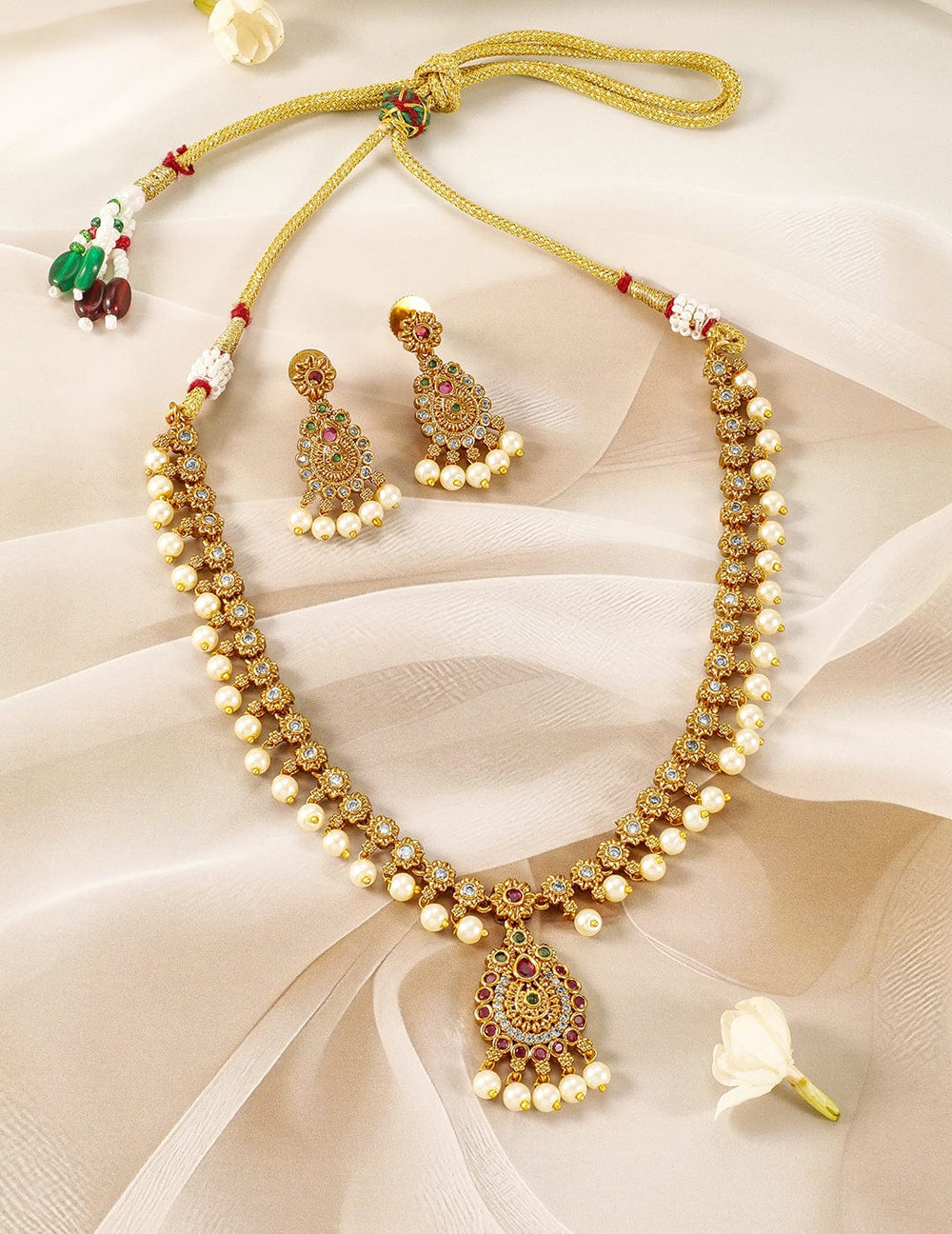 22K Gold-Plated Ruby & Emerald Kundan and CZ Studded Jewellery Set with Pearl Beads Necklace Set