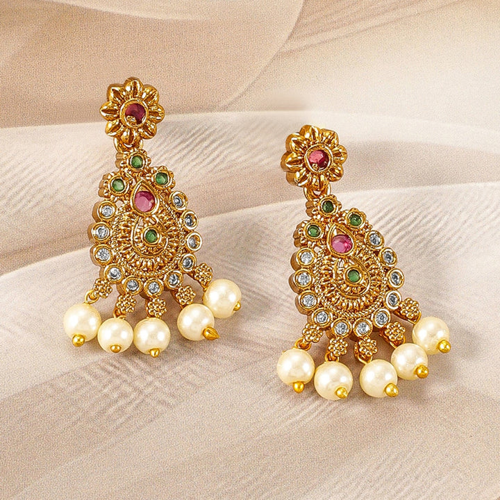 22K Gold-Plated Ruby & Emerald Kundan and CZ Studded Jewellery Set with Pearl Beads Necklace Set