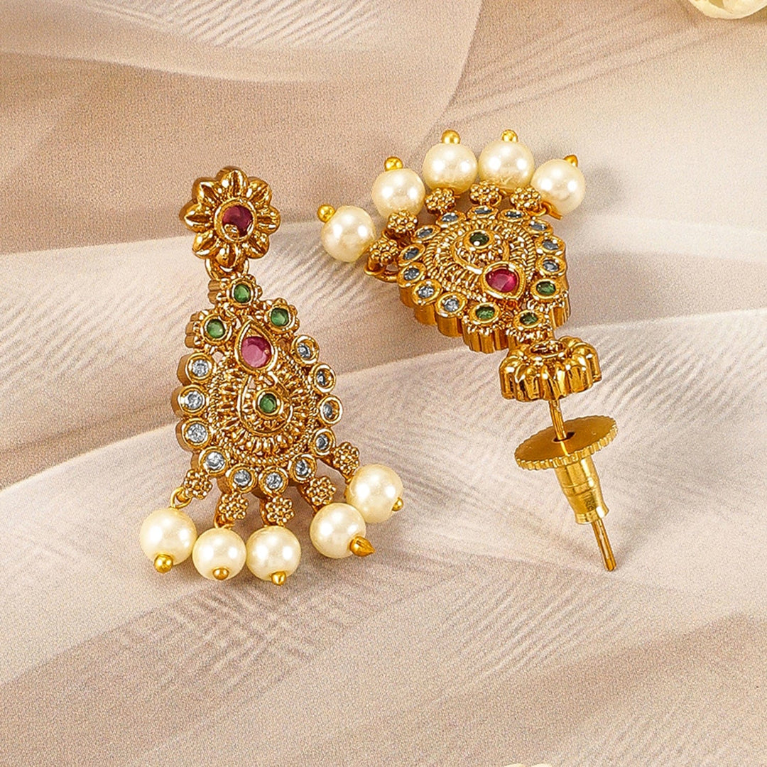 22K Gold-Plated Ruby & Emerald Kundan and CZ Studded Jewellery Set with Pearl Beads Necklace Set