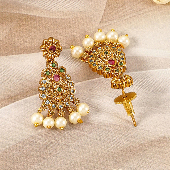 22K Gold-Plated Ruby & Emerald Kundan and CZ Studded Jewellery Set with Pearl Beads Necklace Set