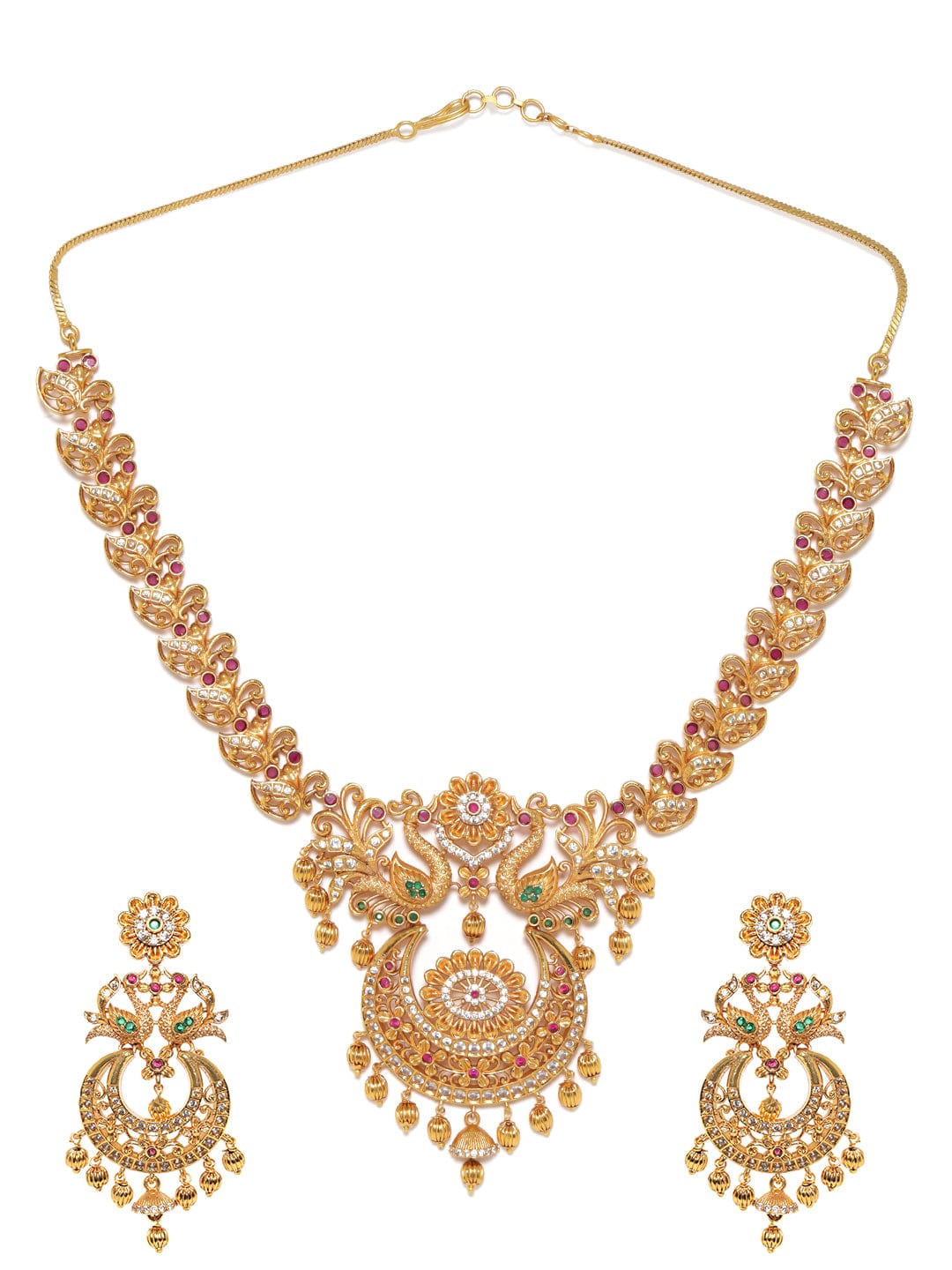 22K Gold plated Ruby & Emerald peacock motif Temple Handcrafted necklace set.  Jewellery Sets