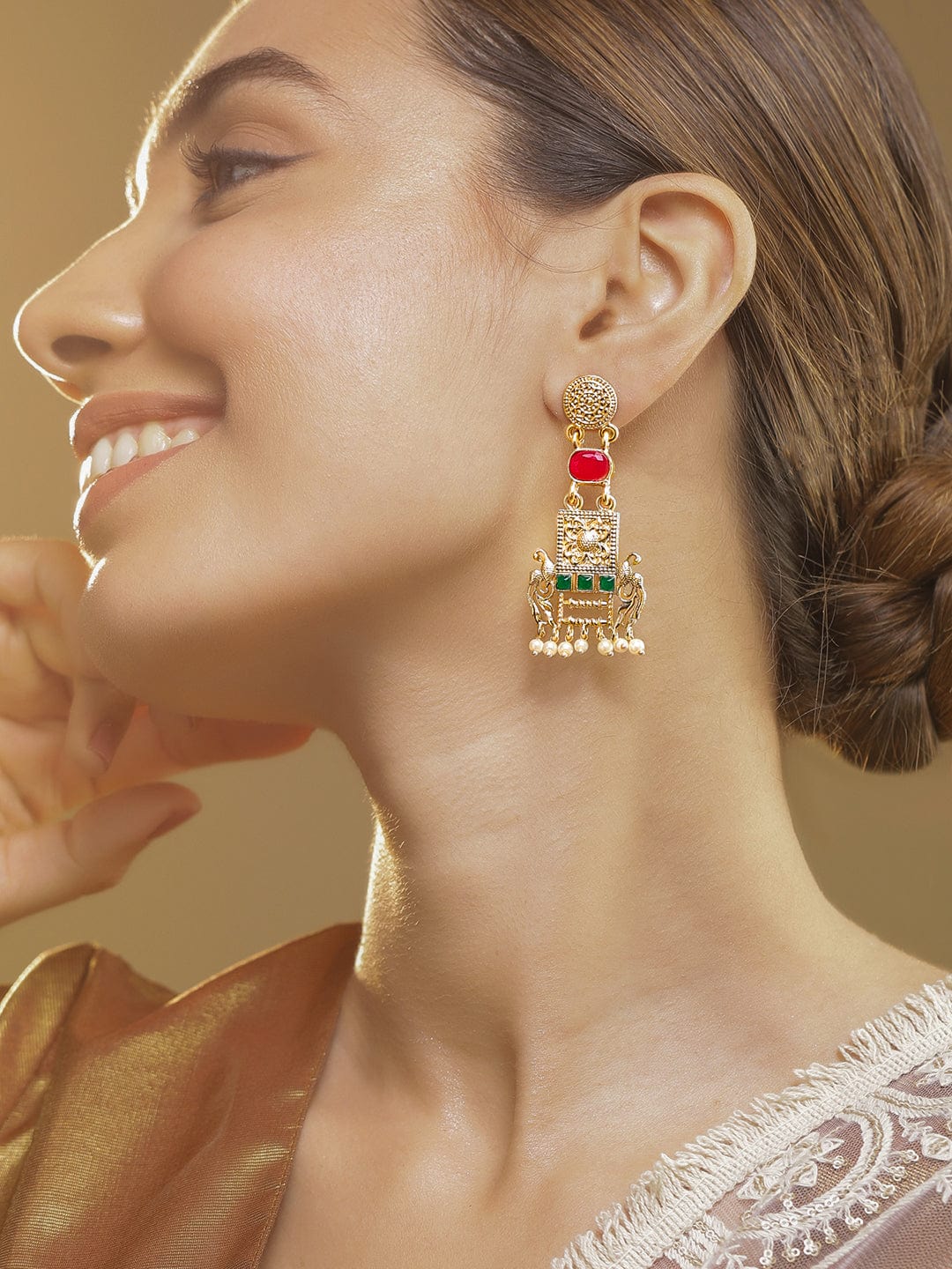 22K Gold Plated Ruby & Emerald Studded & Pearl  Beads Peacock Motif Dangle Earrings Drop Earrings