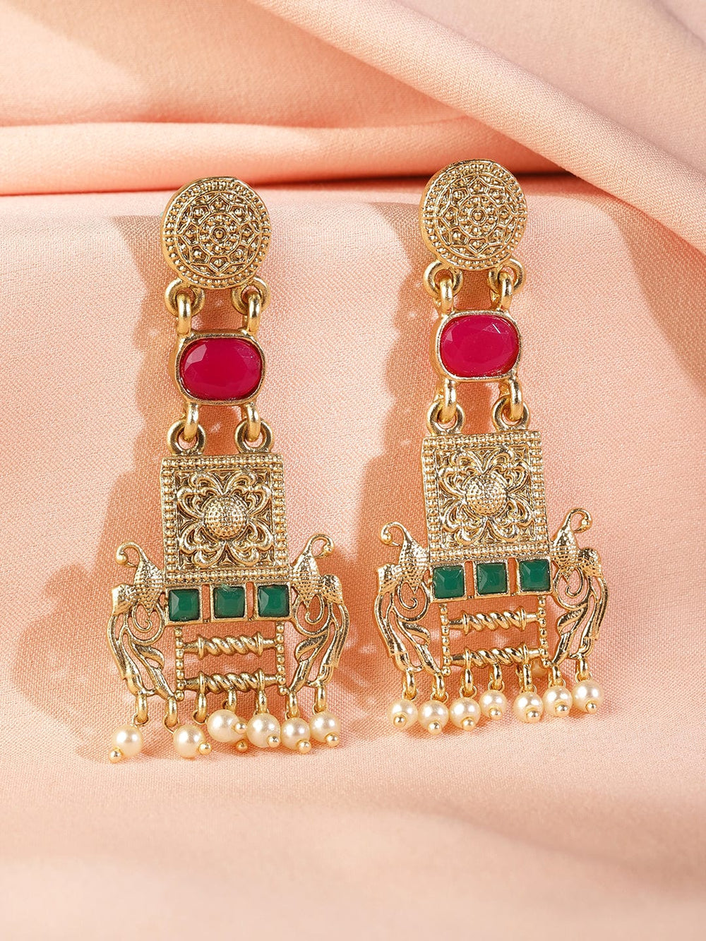 22K Gold Plated Ruby & Emerald Studded & Pearl  Beads Peacock Motif Dangle Earrings Drop Earrings