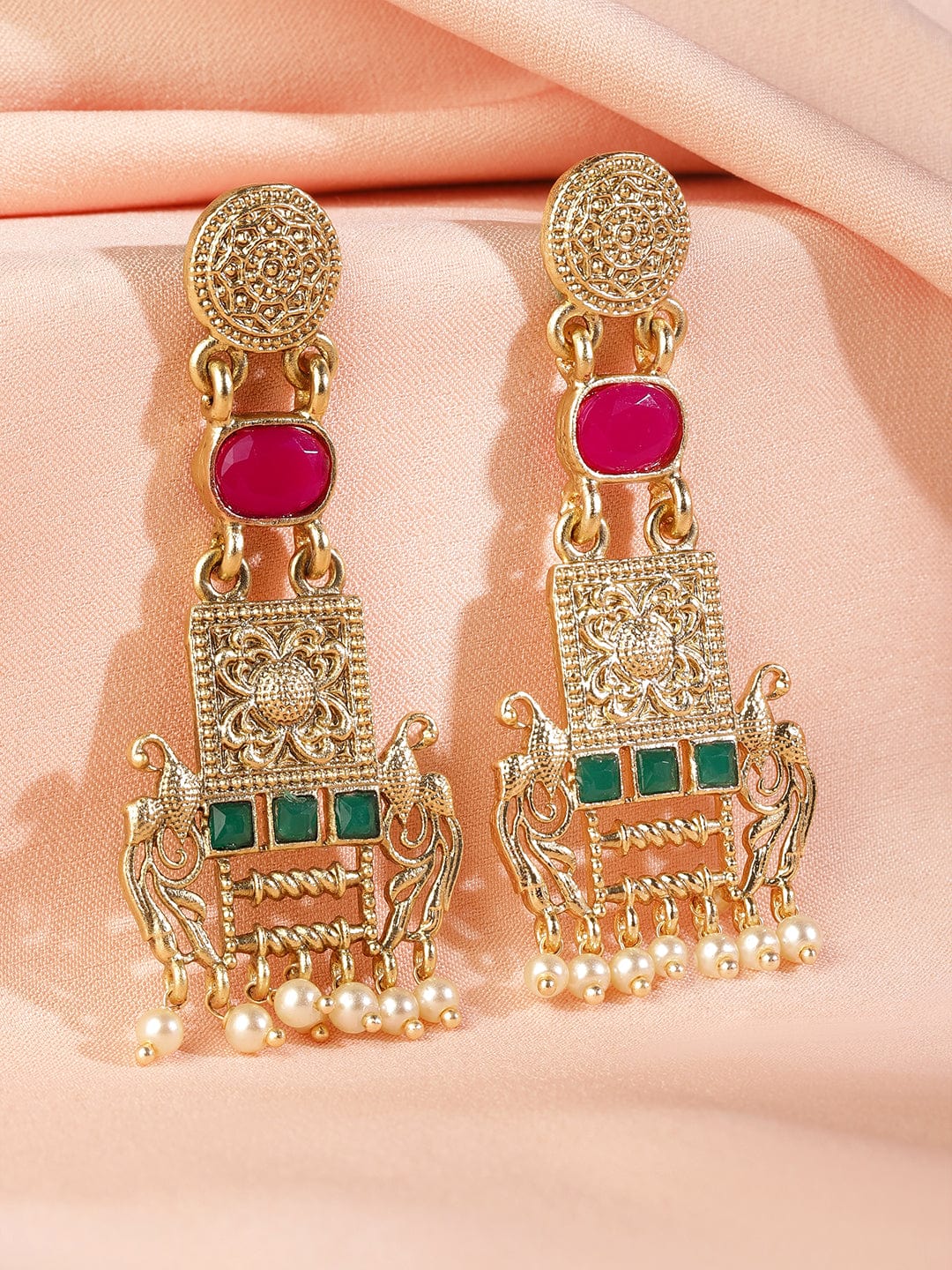 22K Gold Plated Ruby & Emerald Studded & Pearl  Beads Peacock Motif Dangle Earrings Drop Earrings