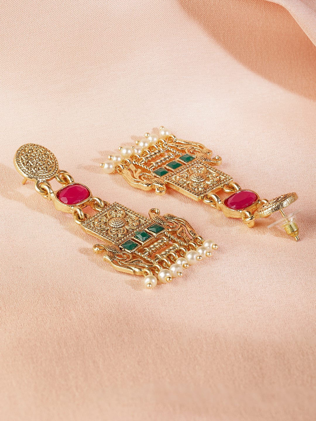 22K Gold Plated Ruby & Emerald Studded & Pearl  Beads Peacock Motif Dangle Earrings Drop Earrings