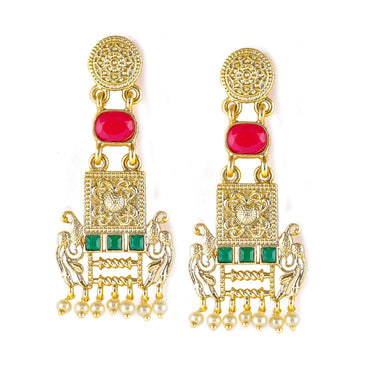 22K Gold Plated Ruby & Emerald Studded & Pearl  Beads Peacock Motif Dangle Earrings Drop Earrings