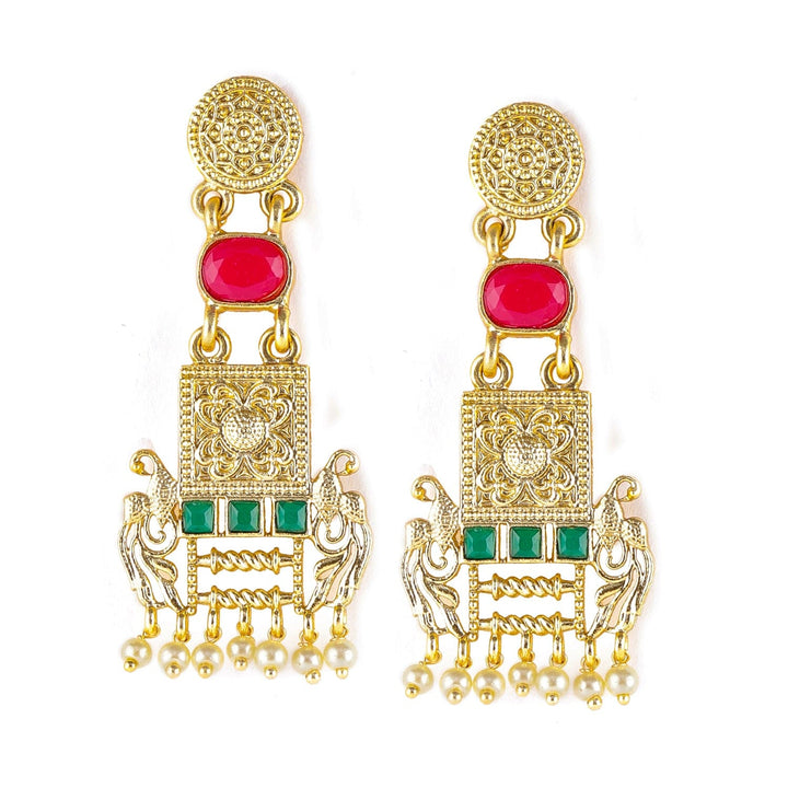 22K Gold Plated Ruby & Emerald Studded & Pearl  Beads Peacock Motif Dangle Earrings Drop Earrings