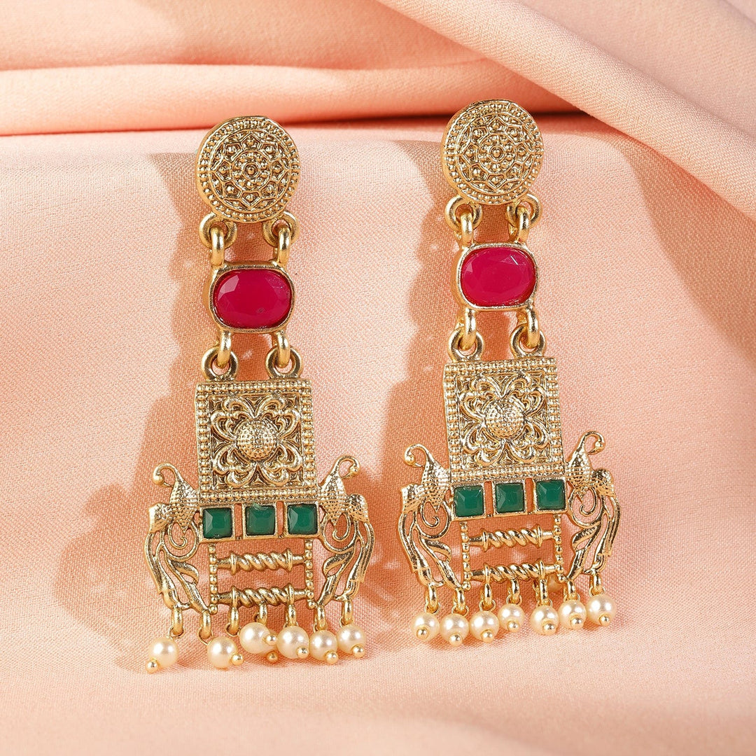 22K Gold Plated Ruby & Emerald Studded & Pearl  Beads Peacock Motif Dangle Earrings Drop Earrings