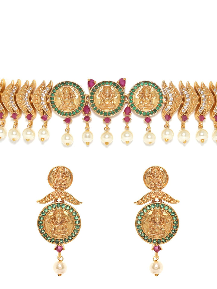 22K Gold plated Ruby & emerald Zirconia studded pearl dangle Luxury Temple Short Ncklace set Jewellery Sets