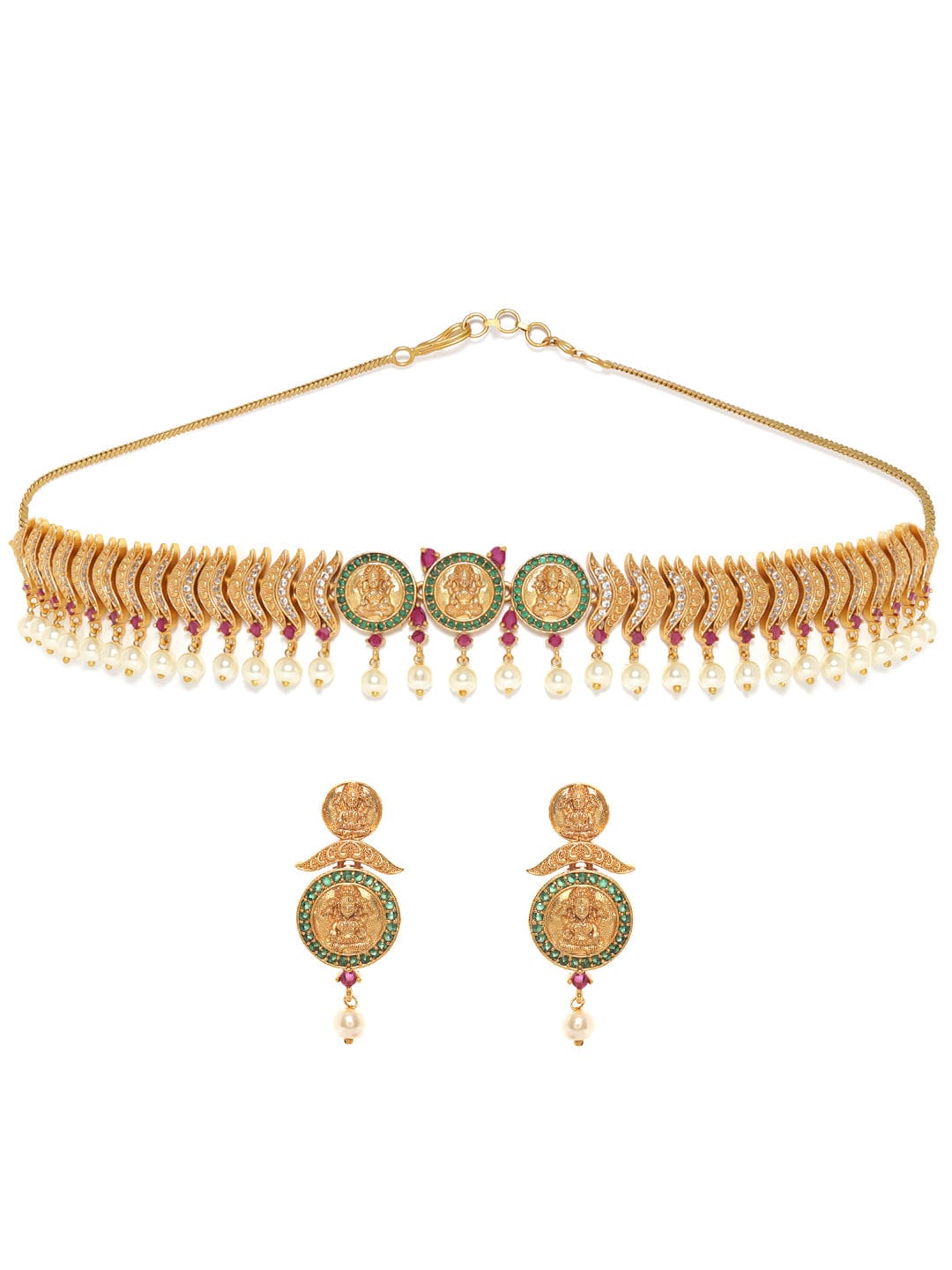 22K Gold plated Ruby & emerald Zirconia studded pearl dangle Luxury Temple Short Ncklace set Jewellery Sets
