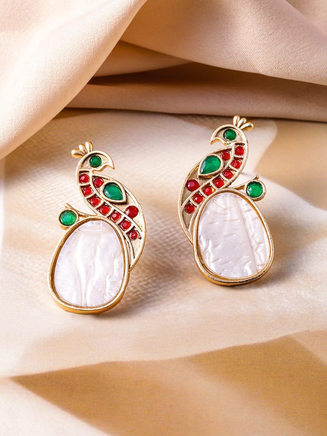 22K Gold-Plated Ruby, Green & White Peacock Design Stud Earrings Stud Earrings