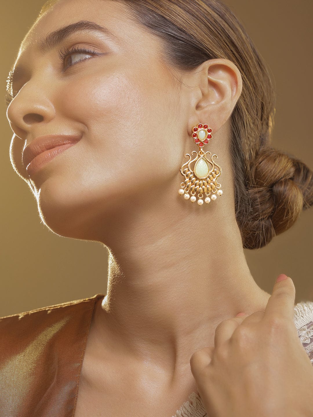 22K Gold Plated Ruby & Light Green Stone Studded with Pearl Accents Floral Motif Chandbali Earrings