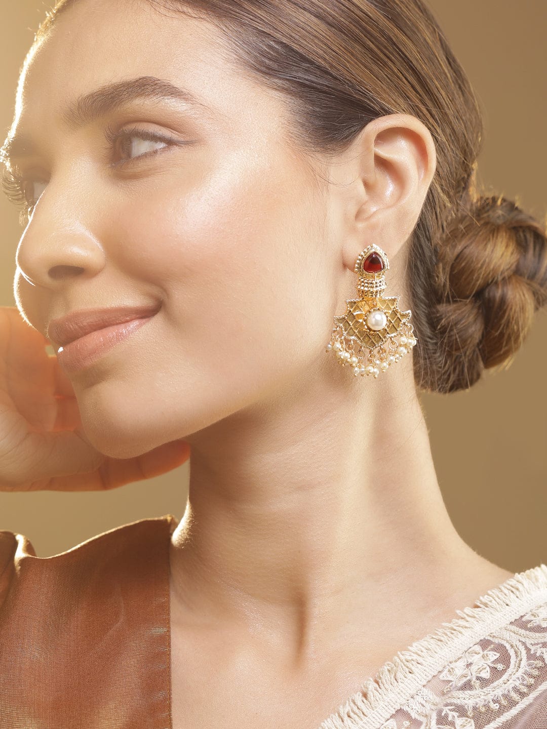 22K Gold Plated Ruby & Pearl Studded & Beaded Handcrafted  Traditional Chandbali Earrings Earrings