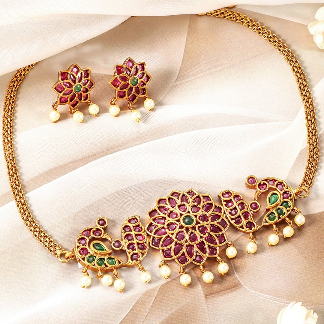 22K Gold-Plated Ruby Pink & Emerald Kundan Studded Choker set with Pearl Accents Necklace set