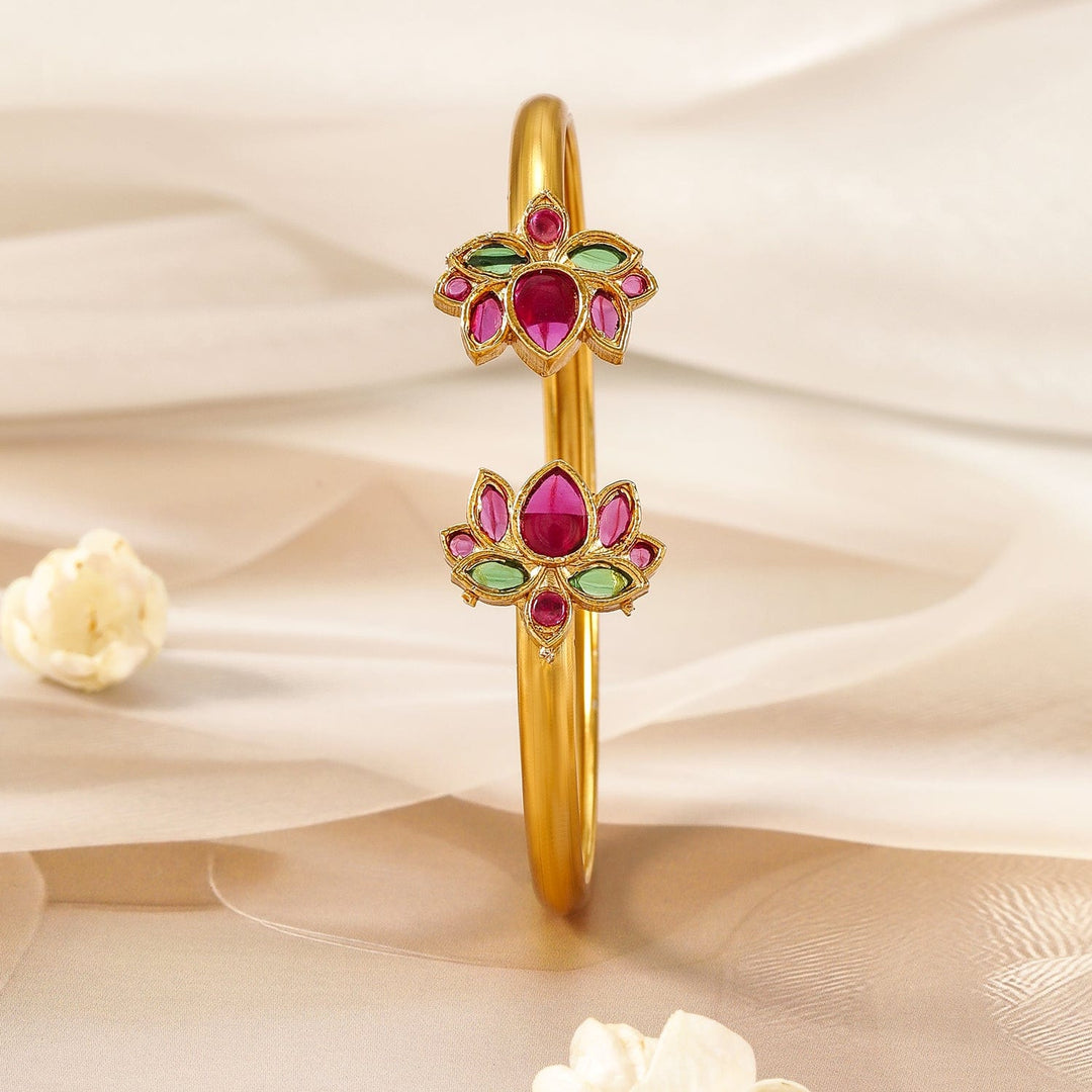 22K Gold-Plated Ruby Pink & Emerald Kundan Studded Openable Kada Bangle Bracelet