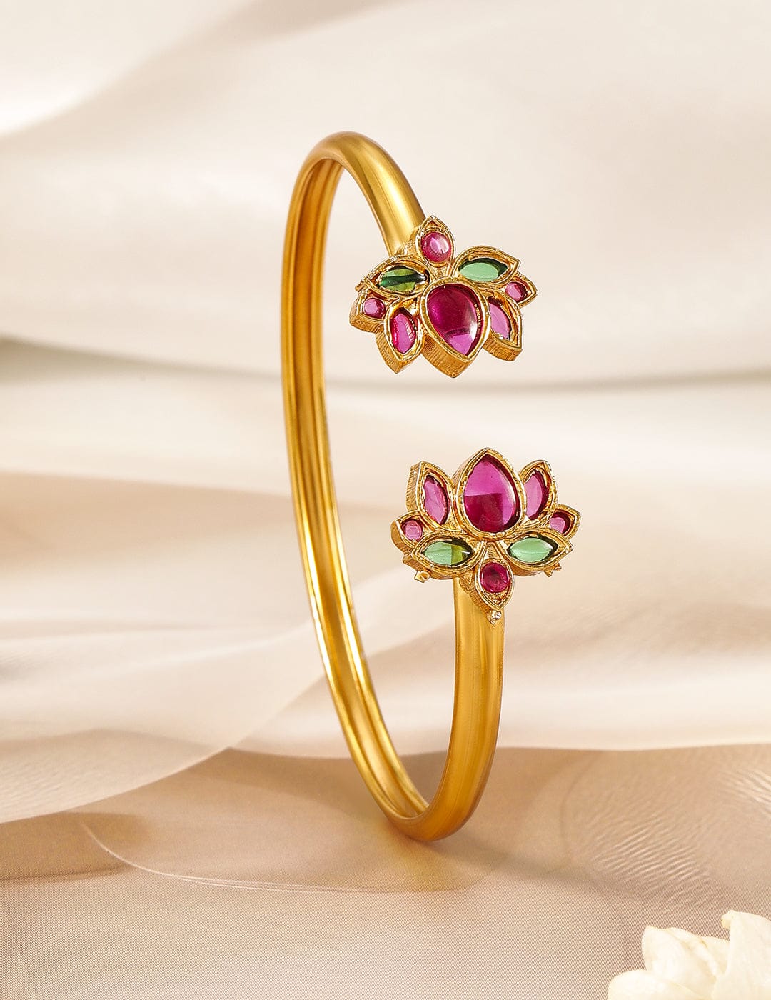 22K Gold-Plated Ruby Pink & Emerald Kundan Studded Openable Kada Bangle Bracelet