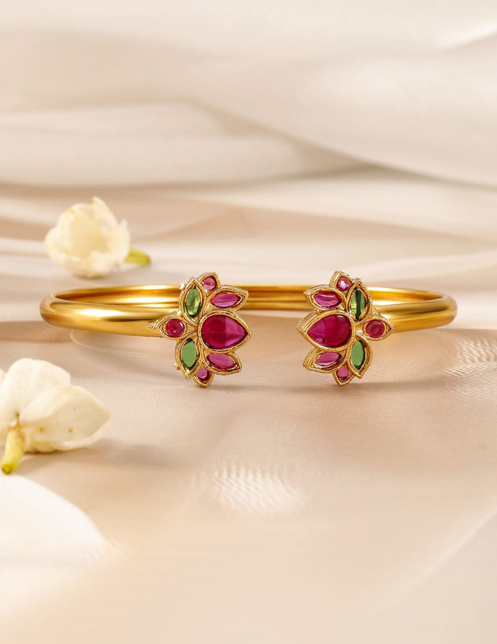 22K Gold-Plated Ruby Pink & Emerald Kundan Studded Openable Kada Bangle Bracelet