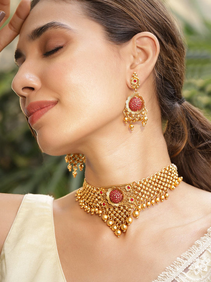 22K Gold Plated Ruby Stone Studded with Gold Beads Choker Set Jewellery Set