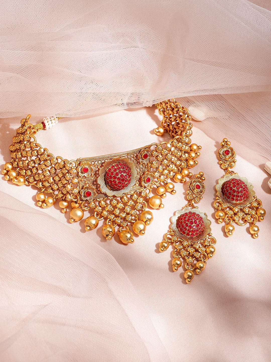 22K Gold Plated Ruby Stone Studded with Gold Beads Choker Set Jewellery Set