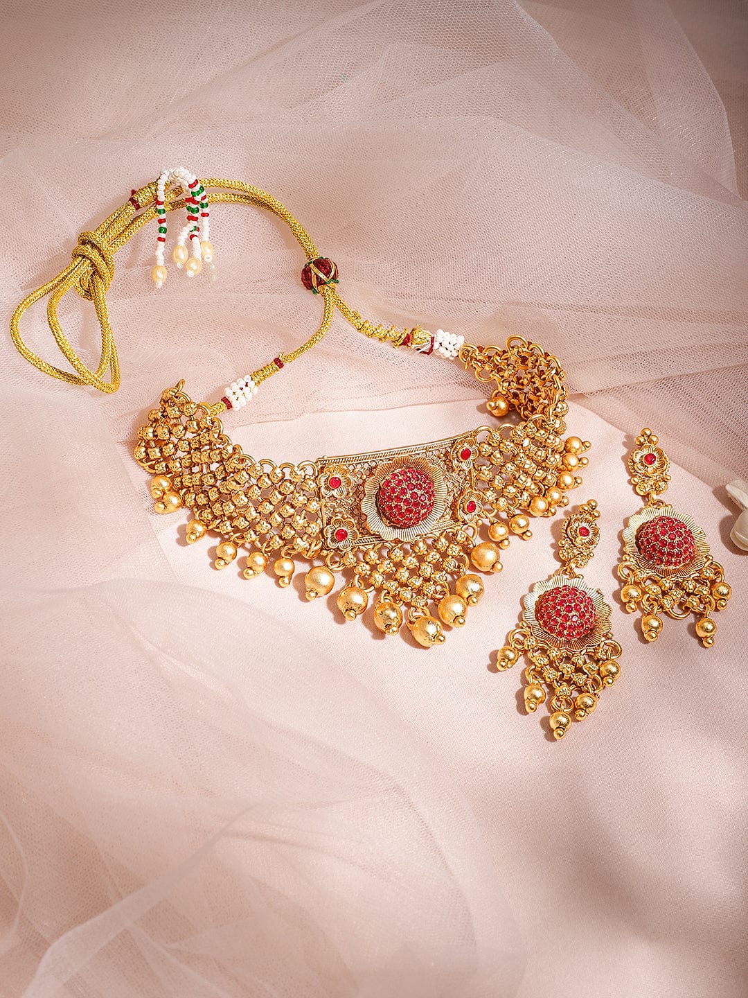 22K Gold Plated Ruby Stone Studded with Gold Beads Choker Set Jewellery Set