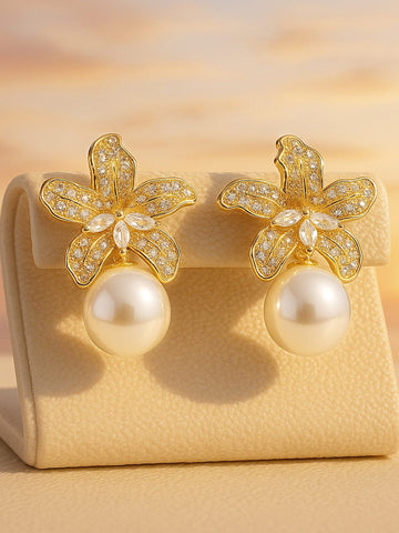 22K Gold Plated Sparkling AD & Cubic Zirconia Studded Floral Motif Pearl Drop Earrings Drop Earrings