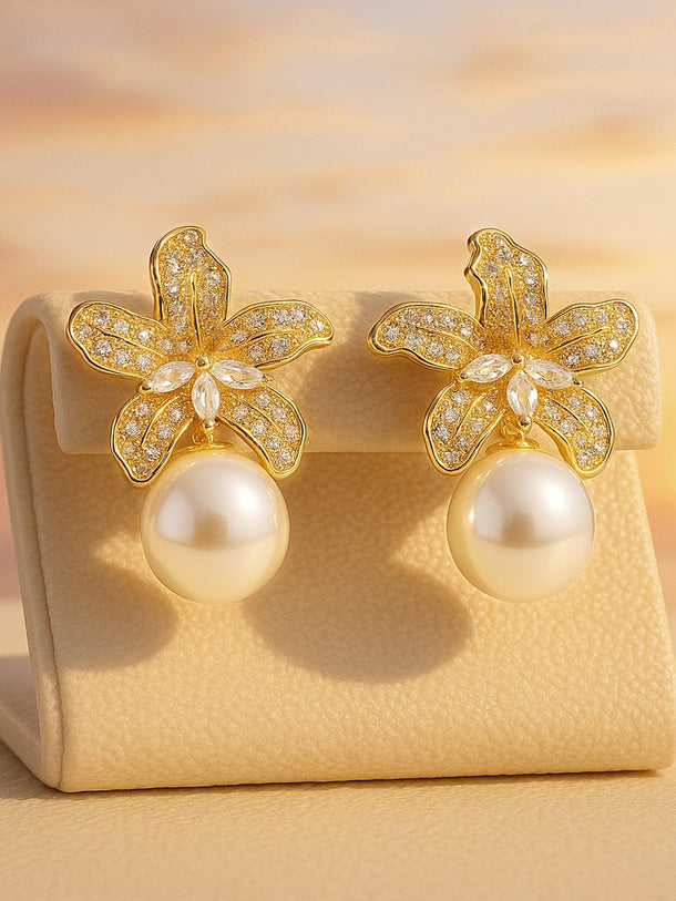 22K Gold Plated Sparkling AD & Cubic Zirconia Studded Floral Motif Pearl Drop Earrings Drop Earrings