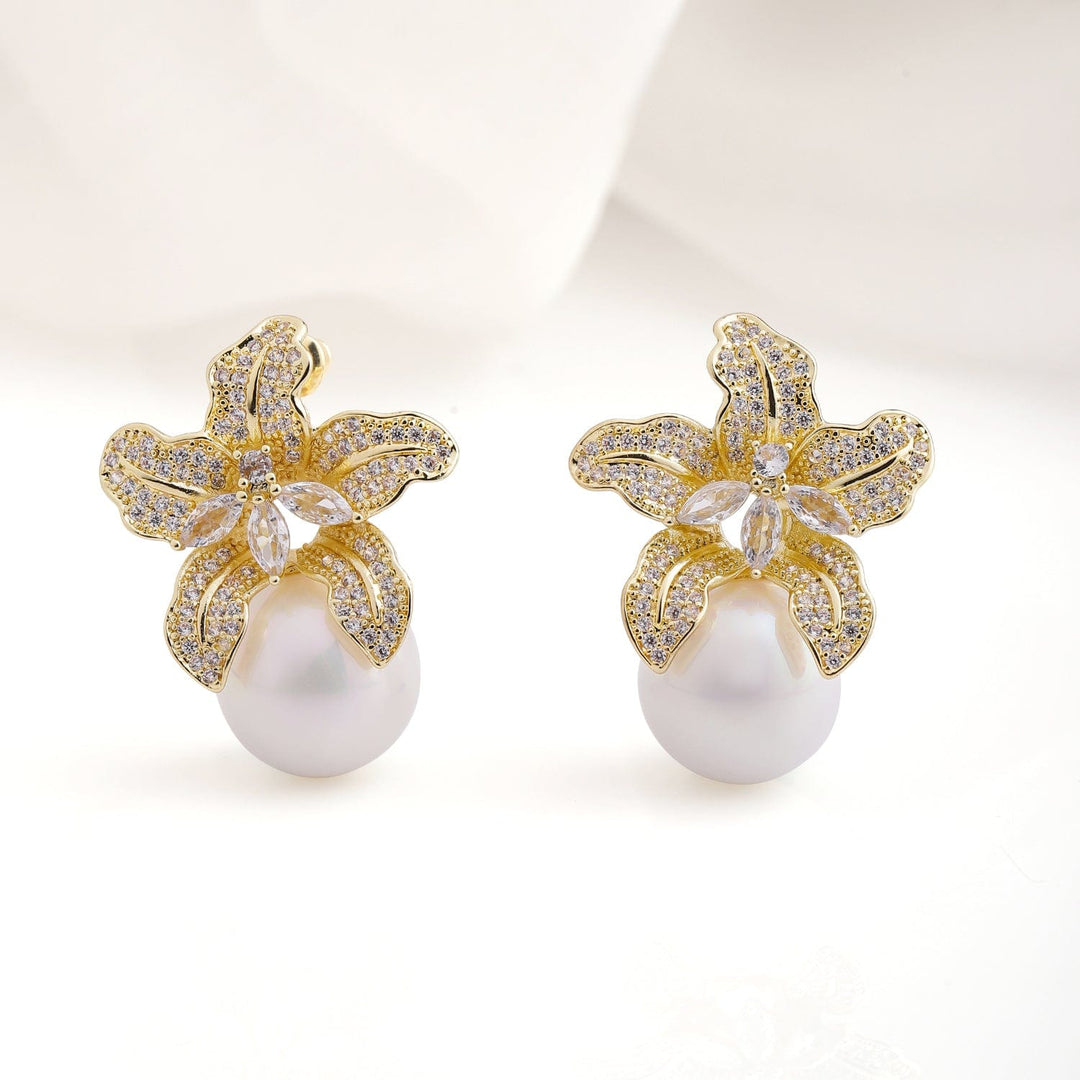 22K Gold Plated Sparkling AD & Cubic Zirconia Studded Floral Motif Pearl Drop Earrings Drop Earrings