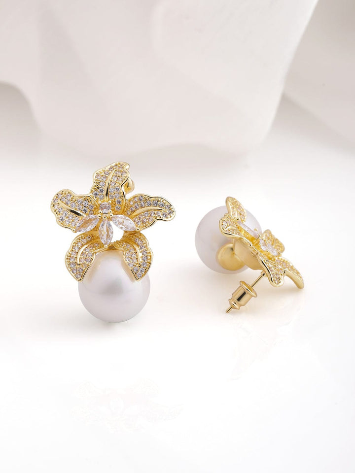 22K Gold Plated Sparkling AD & Cubic Zirconia Studded Floral Motif Pearl Drop Earrings Drop Earrings