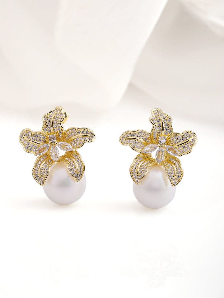 22K Gold Plated Sparkling AD & Cubic Zirconia Studded Floral Motif Pearl Drop Earrings Drop Earrings