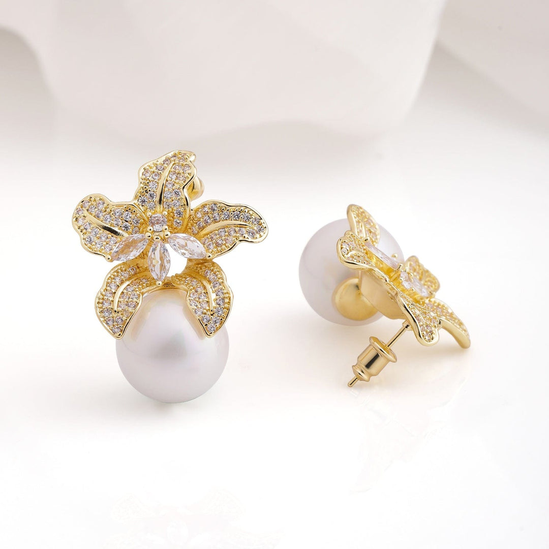 22K Gold Plated Sparkling AD & Cubic Zirconia Studded Floral Motif Pearl Drop Earrings Drop Earrings