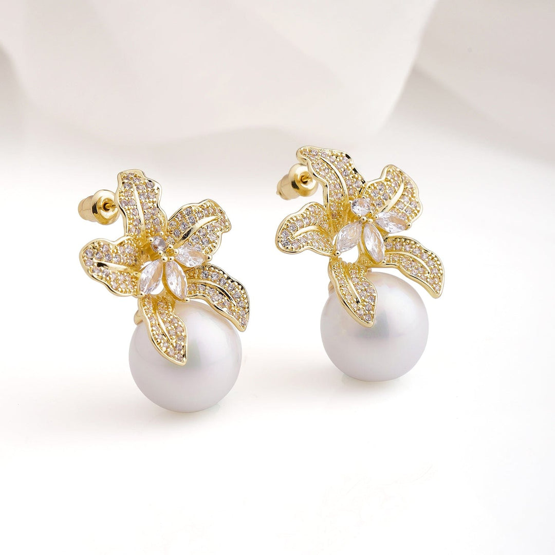 22K Gold Plated Sparkling AD & Cubic Zirconia Studded Floral Motif Pearl Drop Earrings Drop Earrings