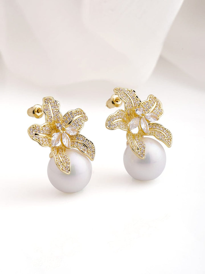 22K Gold Plated Sparkling AD & Cubic Zirconia Studded Floral Motif Pearl Drop Earrings Drop Earrings