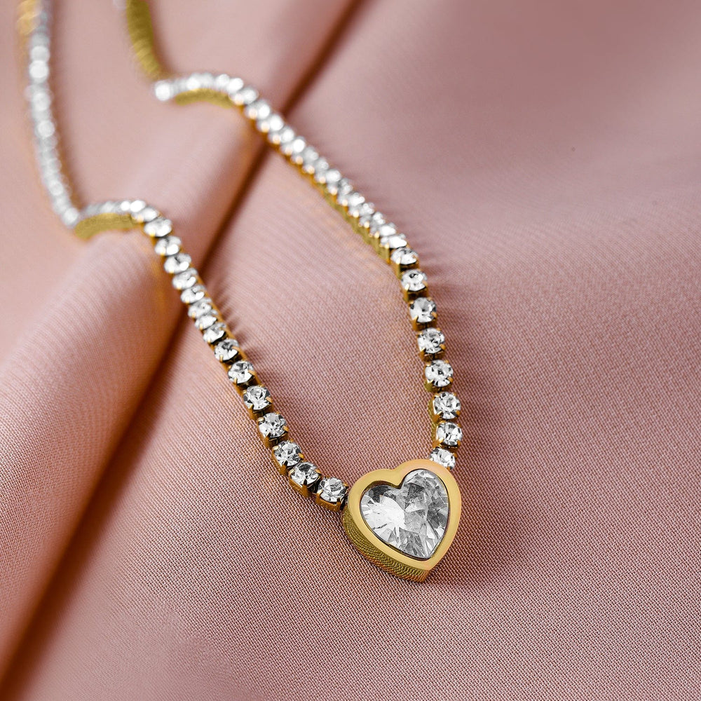 22K Gold Plated Sparkling AD & Cubic Zirconia Studded Heart Pendant Necklace Necklace & Chains