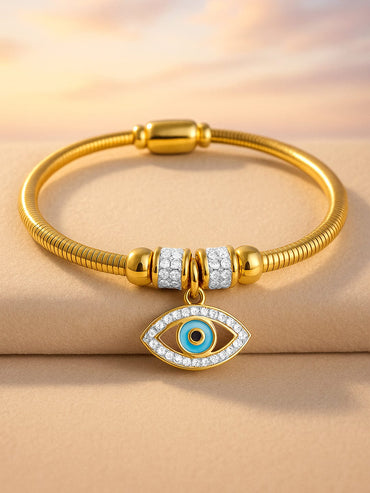 22K Gold Plated Stainless Steel Tarnish-Free Waterproof Evil Eye & CZ Charm Bracelet Bracelet
