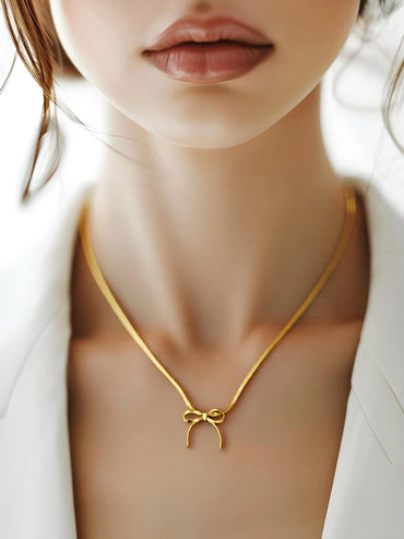 22K Gold Plated Stainless Steel Tarnish-Free Waterproof Necklace with Minimal Bow Accent Necklace and Chains