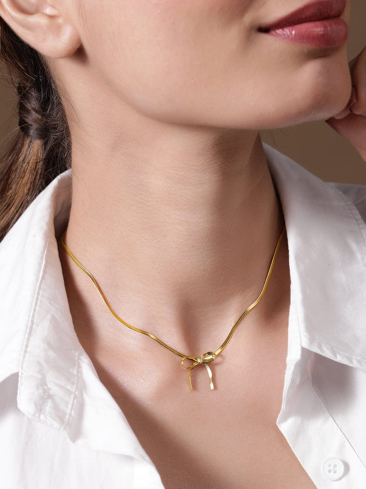 22K Gold Plated Stainless Steel Tarnish-Free Waterproof Necklace with Minimal Bow Accent Necklace and Chains