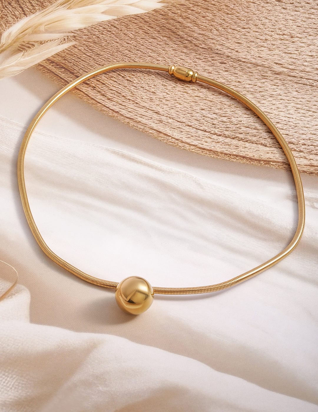 22K Gold Plated Stainless Steel TarnishFree Waterproof Necklace with Polished Sphere Necklace & Chains