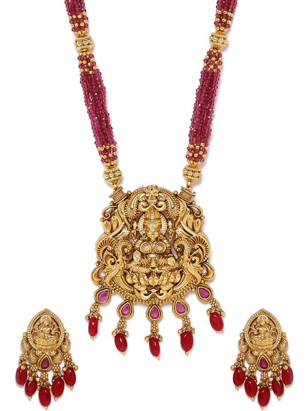 22K Gold plated Striking Ruby Red Beaded handcrafted Temple Necklace Set Jewellery Sets