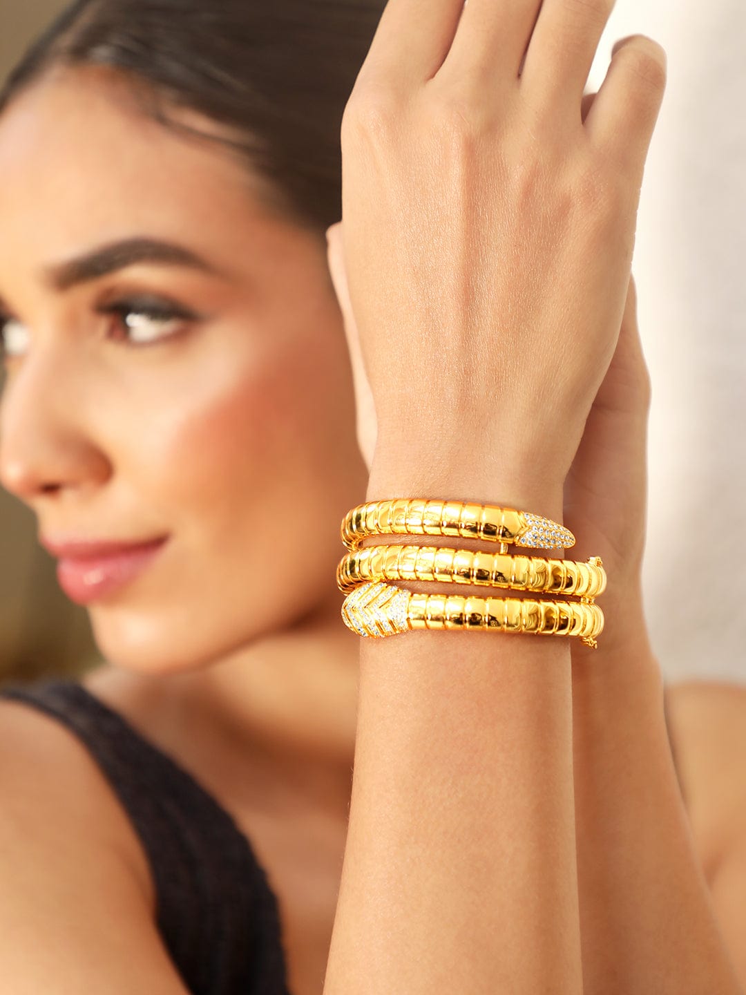 22K Gold plated Zirconia studded Snake chain patterned expandable triple layer bracelet Bangles & Bracelets