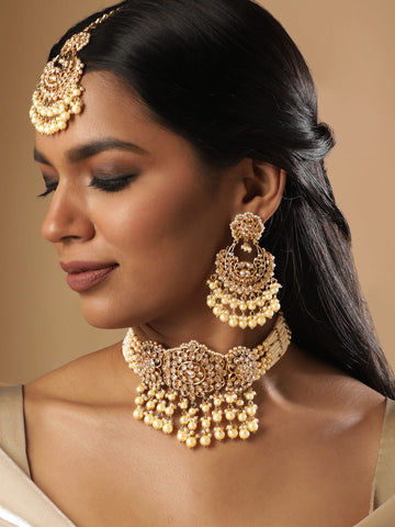 22K Mehndi Gold plated Captivating Reverse AD Choker Necklace Jewellery Sets