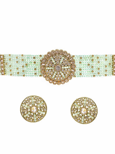 22k mehndi Gold plated Dazzling Reverse AD Mint blue beaded Choker Set Jewellery Sets