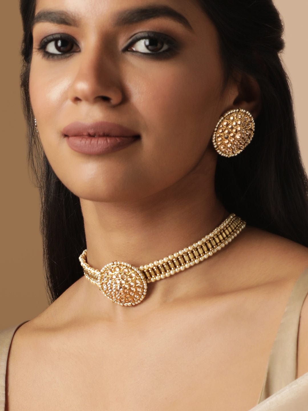 22K Mehndi Gold plated glistening Reverse AD Studded pearl beaded Choker Set Jewellery Sets