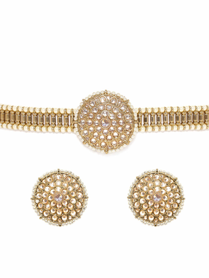 22K Mehndi Gold plated glistening Reverse AD Studded pearl beaded Choker Set Jewellery Sets