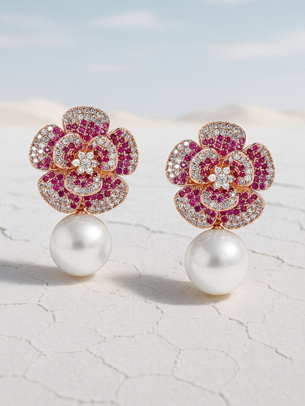22K Rose Gold-Plated Ruby Pink AD & Cubic Zirconia Studded Floral Pearl Drop Earrings Drop Earrings