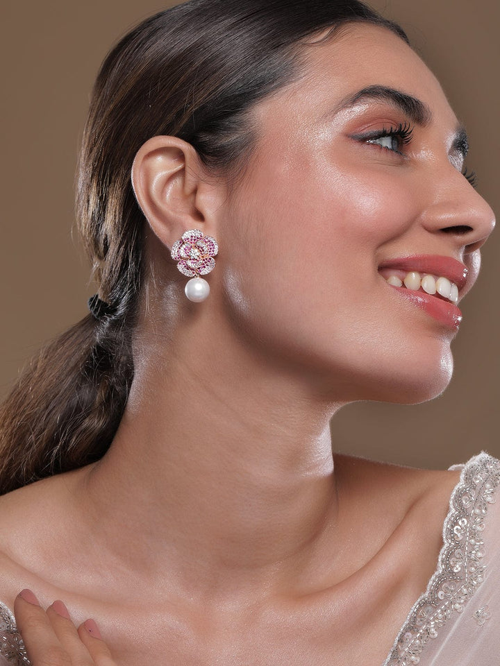 22K Rose Gold-Plated Ruby Pink AD & Cubic Zirconia Studded Floral Pearl Drop Earrings Drop Earrings