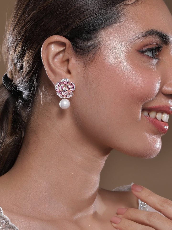 22K Rose Gold-Plated Ruby Pink AD & Cubic Zirconia Studded Floral Pearl Drop Earrings Drop Earrings