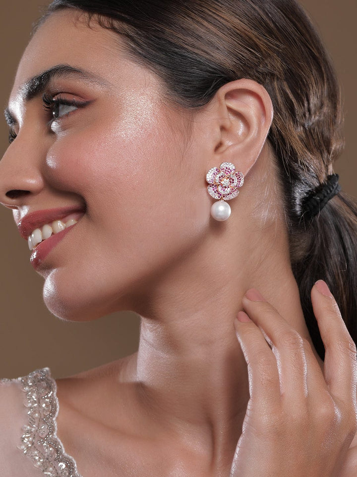 22K Rose Gold-Plated Ruby Pink AD & Cubic Zirconia Studded Floral Pearl Drop Earrings Drop Earrings