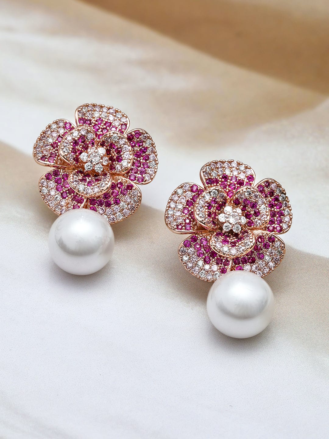 22K Rose Gold-Plated Ruby Pink AD & Cubic Zirconia Studded Floral Pearl Drop Earrings Drop Earrings