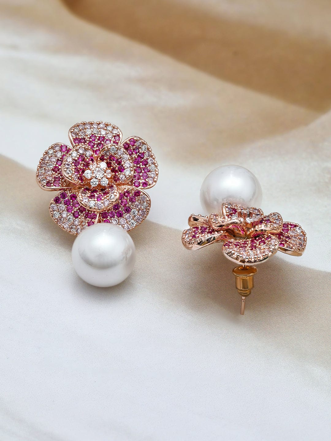 22K Rose Gold-Plated Ruby Pink AD & Cubic Zirconia Studded Floral Pearl Drop Earrings Drop Earrings