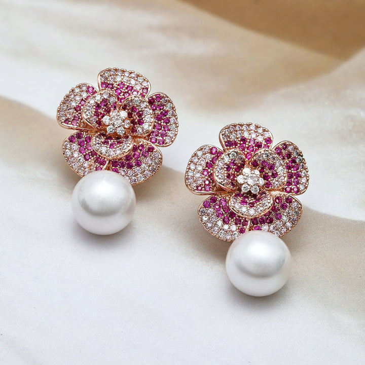 22K Rose Gold-Plated Ruby Pink AD & Cubic Zirconia Studded Floral Pearl Drop Earrings Drop Earrings